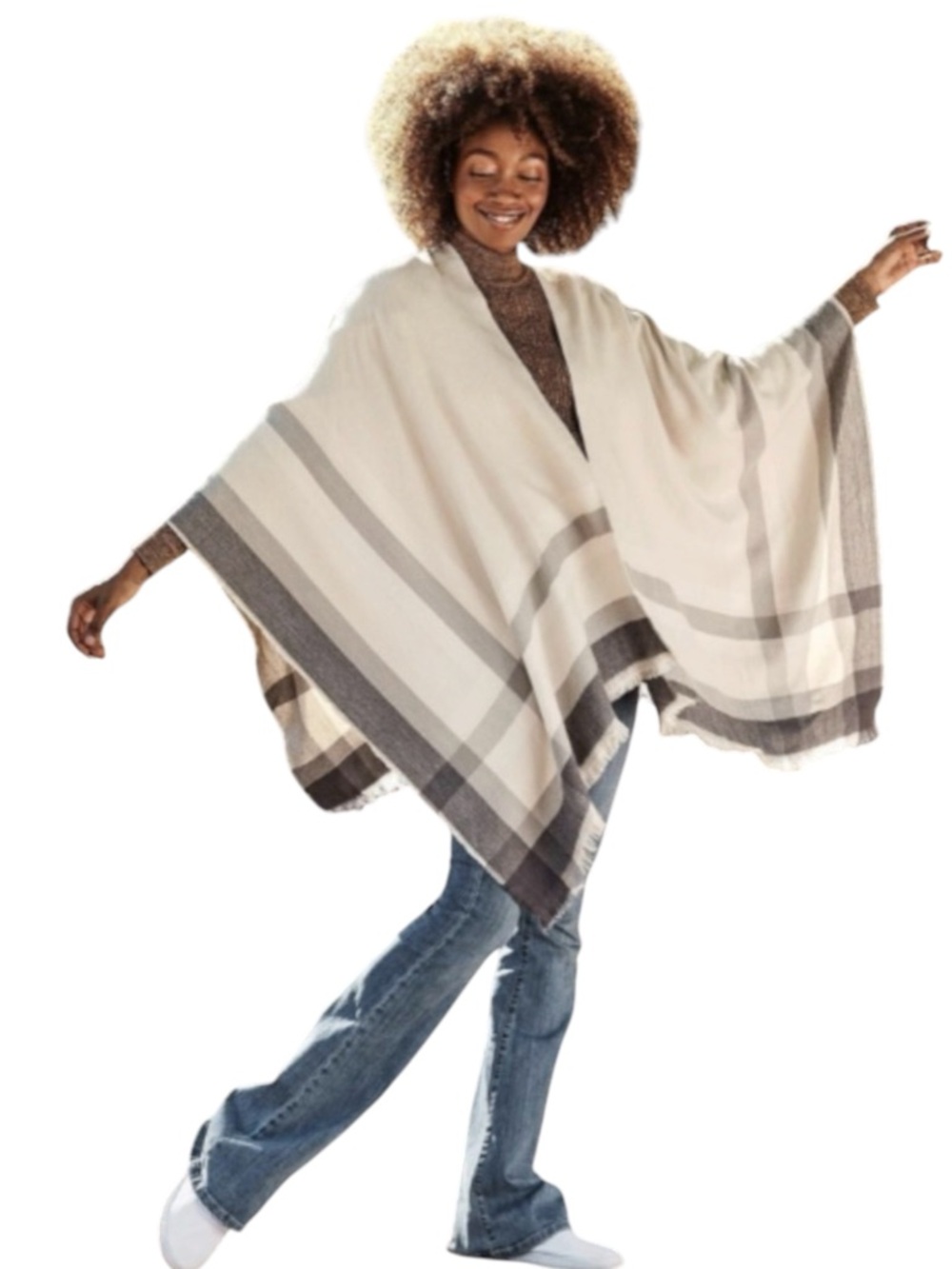 Siizu Alltrue Cream/Grey Plaid Cozy Poncho Wrap Blanket Scarf (25x112)